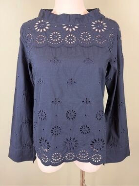 J.Crew Navy Eyelet Long-Sleeve Top - Funnelneck cotton shirt size 2 Preppy